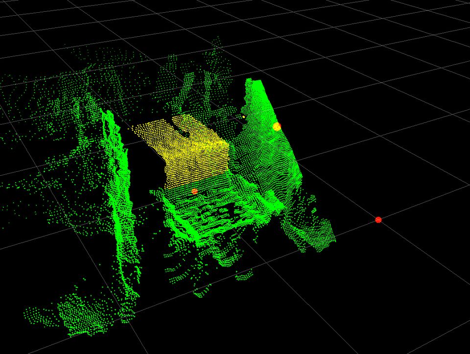 Nube de puntos 3D de una caja sobre el transportador, con su volumen detectado